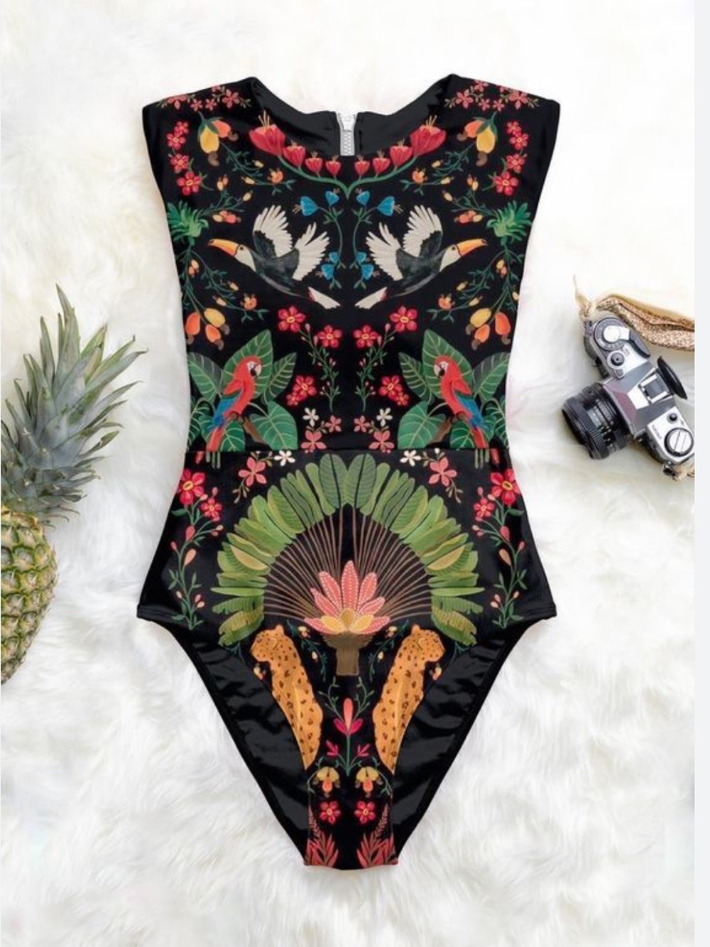 Averie Tropical Parrot Print One-Piece Swimsuit - Black size XXXL